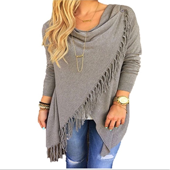 Boutique Tops - Gray Tassel Fringe One Button Tunic Top